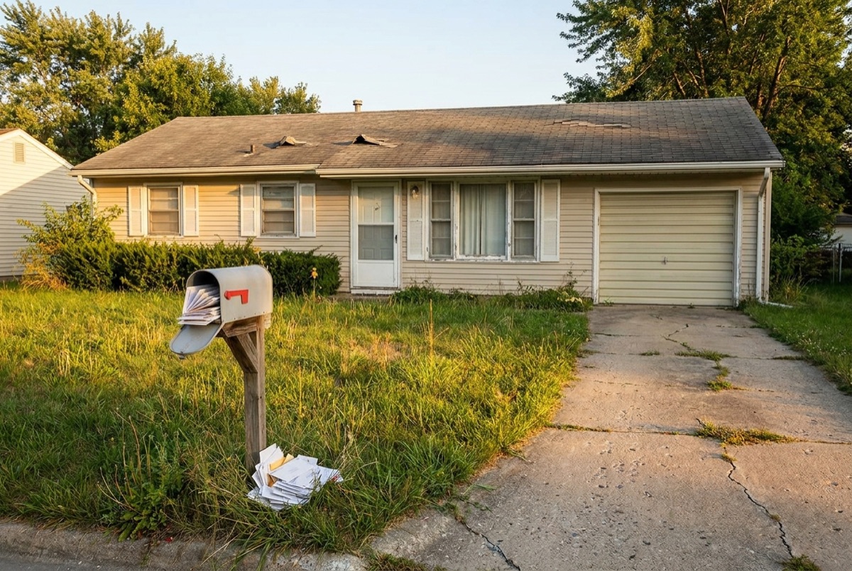 A residential house exterior with a mailbox in the foreground