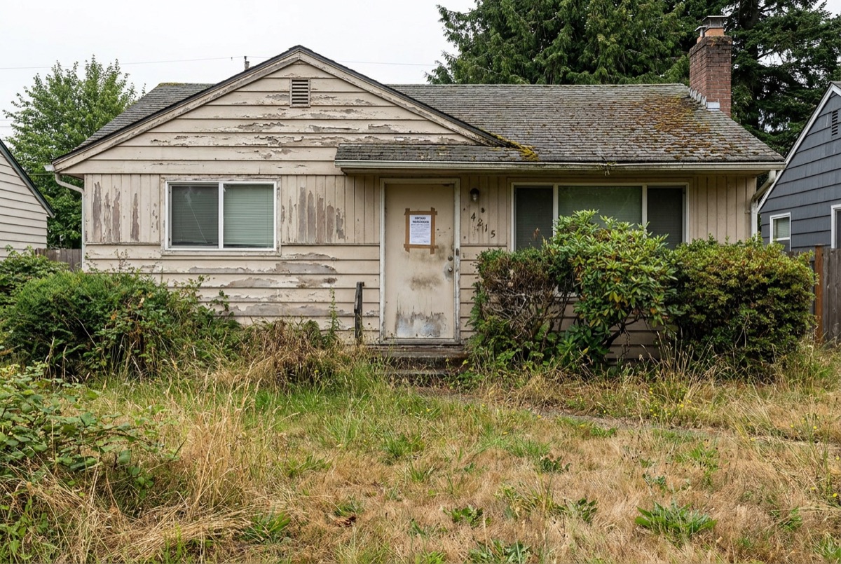 A house with a for-sale sign in the front yard